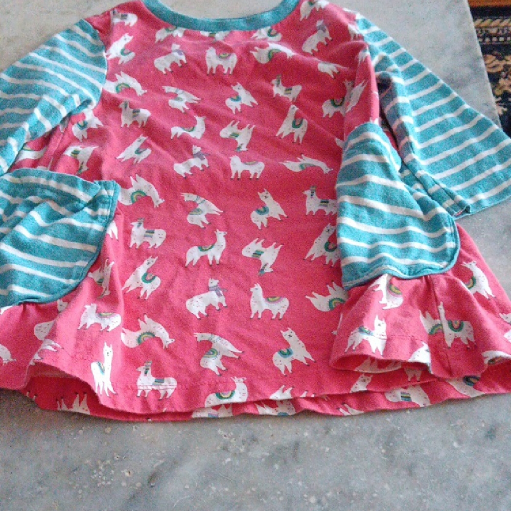 Mini Boden Girls Pink Unicorn Print Top with Teal Stripe Sleeves